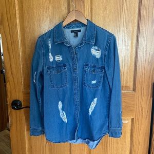 Forever 21 Long Sleeve Jean Shirt with Rips Size Small